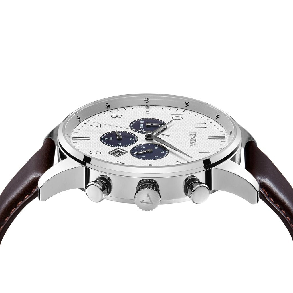 Trnda Herren-Armbanduhr | Edelstahl Silber | Braunes Lederband | 43mm