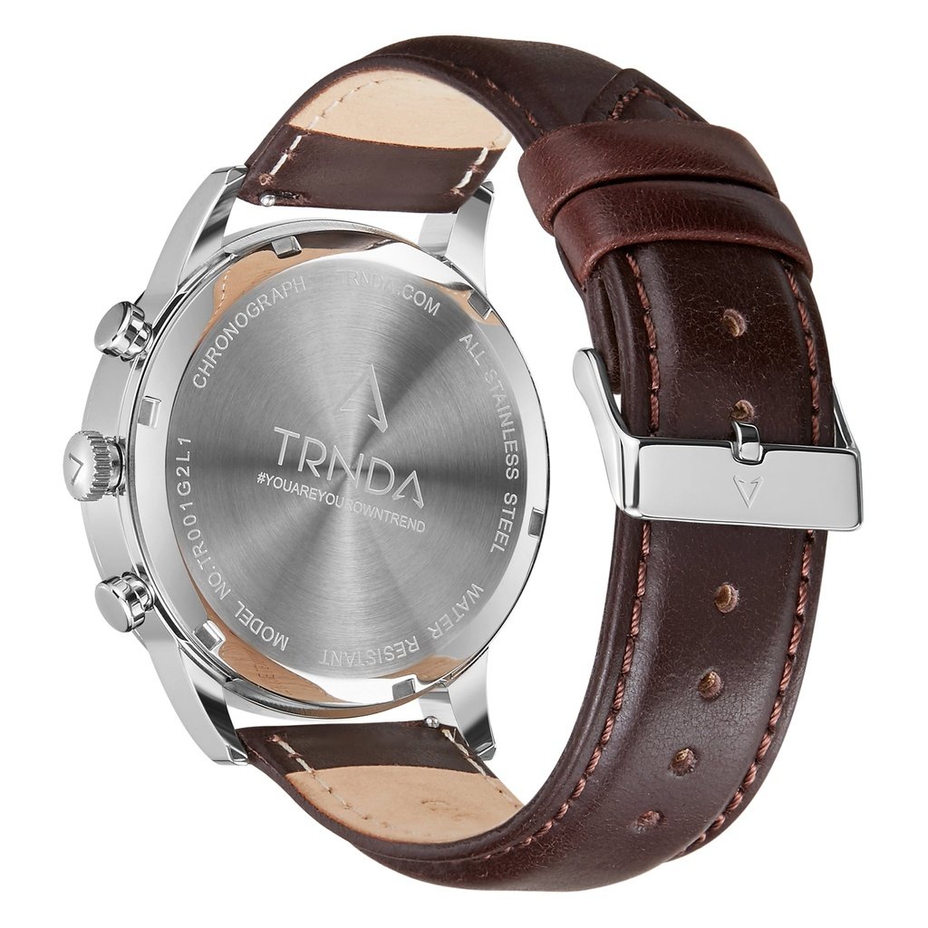 Trnda Herren-Armbanduhr | Edelstahl Silber | Braunes Lederband | 43mm