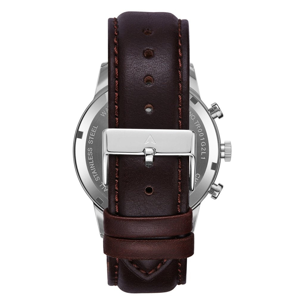 Trnda Herren-Armbanduhr | Edelstahl Silber | Braunes Lederband | 43mm
