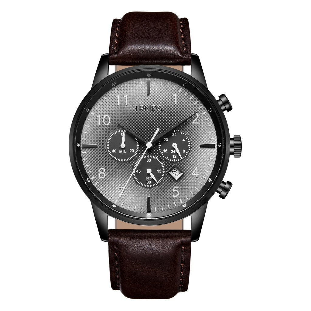 Trnda Herren-Armbanduhr | Edelstahl Schwarz | Braunes Lederband | 43mm