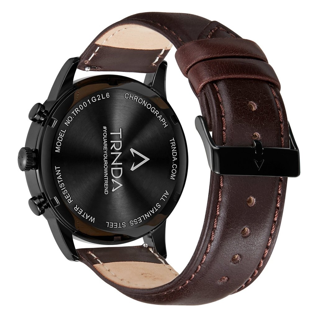 Trnda Herren-Armbanduhr | Edelstahl Schwarz | Braunes Lederband | 43mm