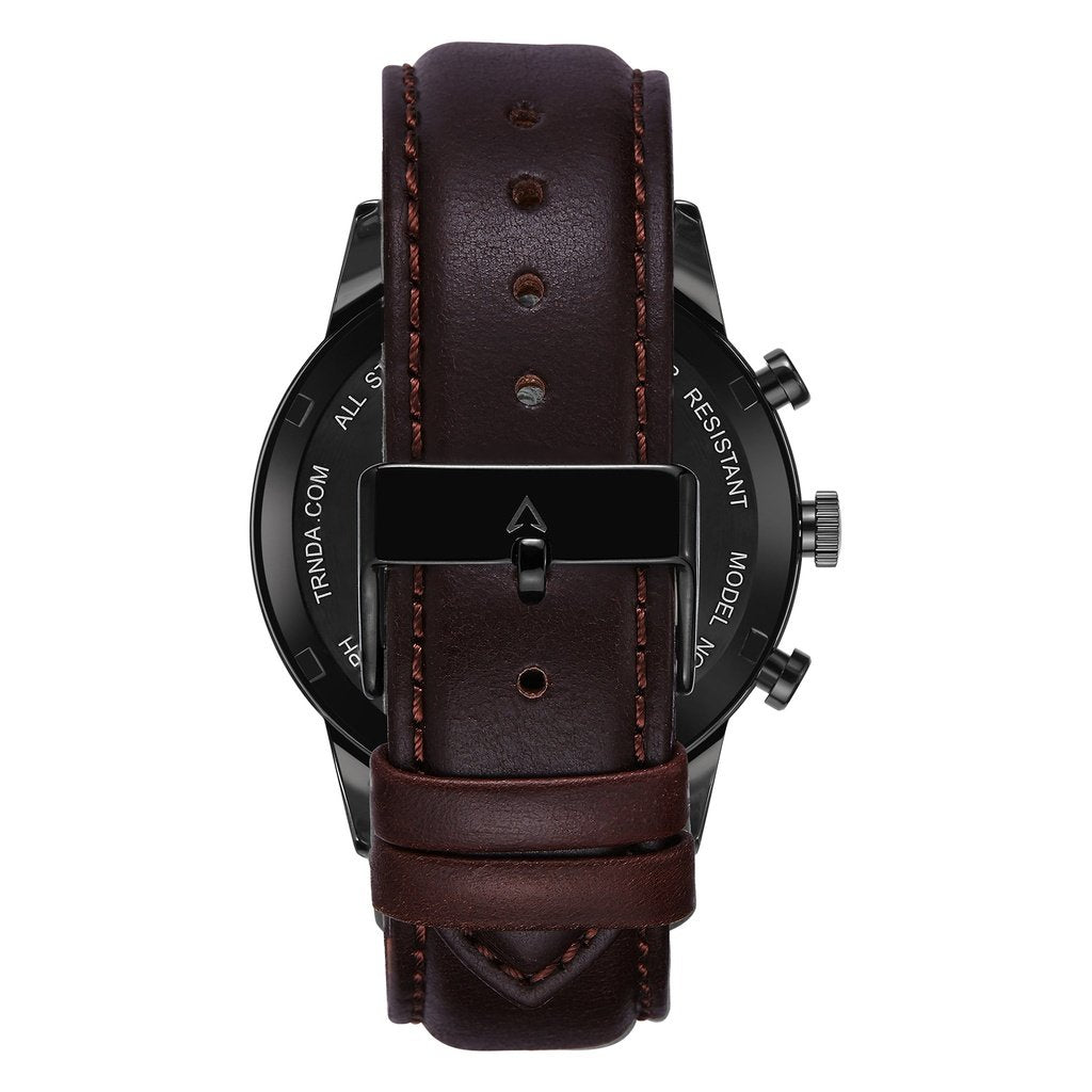 Trnda Herren-Armbanduhr | Edelstahl Schwarz | Braunes Lederband | 43mm