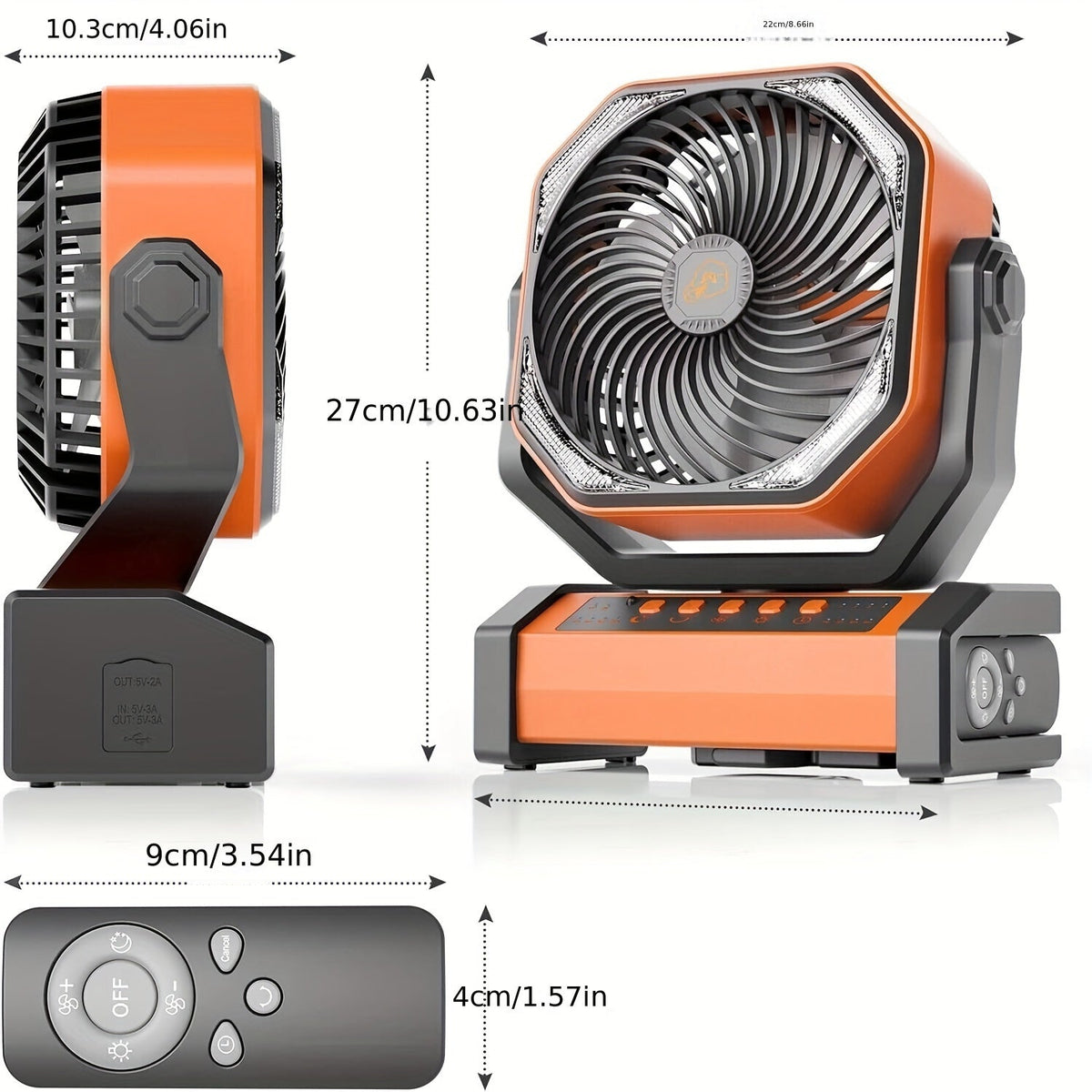Campingventilator mit LED-Laterne & Haken – 20000mAh Akku, Orange