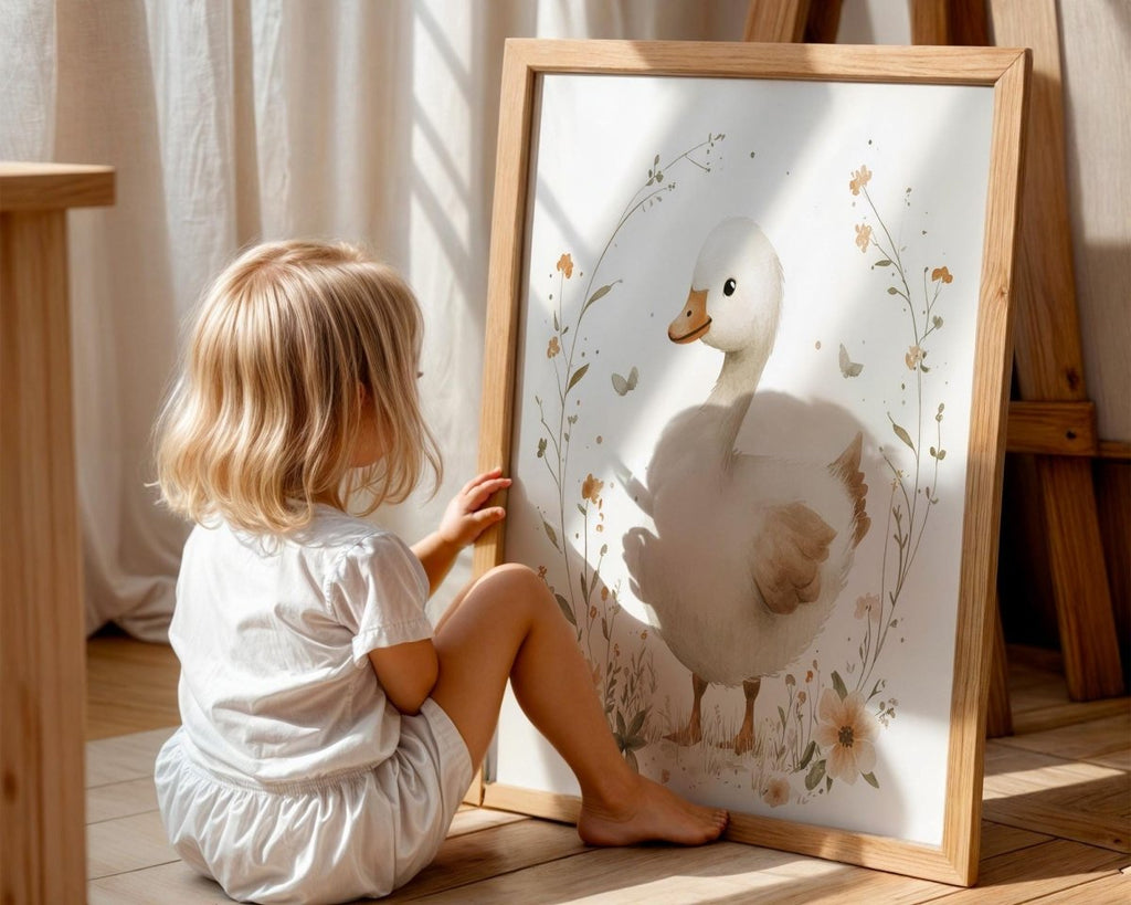 Boho Babyzimmer Poster · Niedliche Ente , Schmetterlinge, Gänseblümchen, Häuser & Sonne  Scandi Kinderzimmer Deko · Deko Print ohne Rahmen