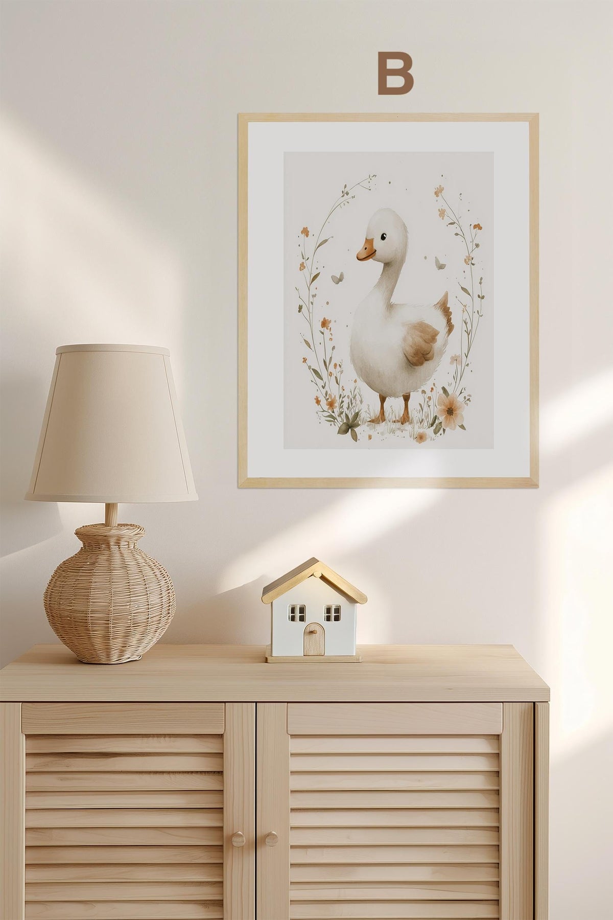 Boho Babyzimmer Poster · Niedliche Ente , Schmetterlinge, Gänseblümchen, Häuser & Sonne  Scandi Kinderzimmer Deko · Deko Print ohne Rahmen