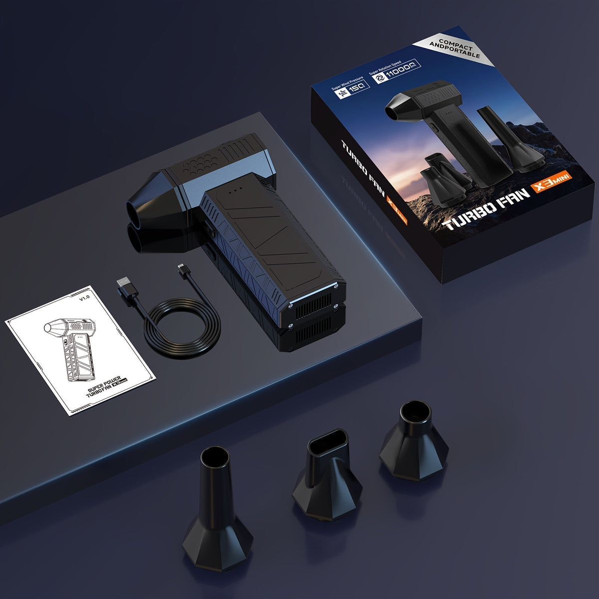 Super Mini Turbojet Lüfter Handheld – USB Akku, Reinigungsset, Schwarz
