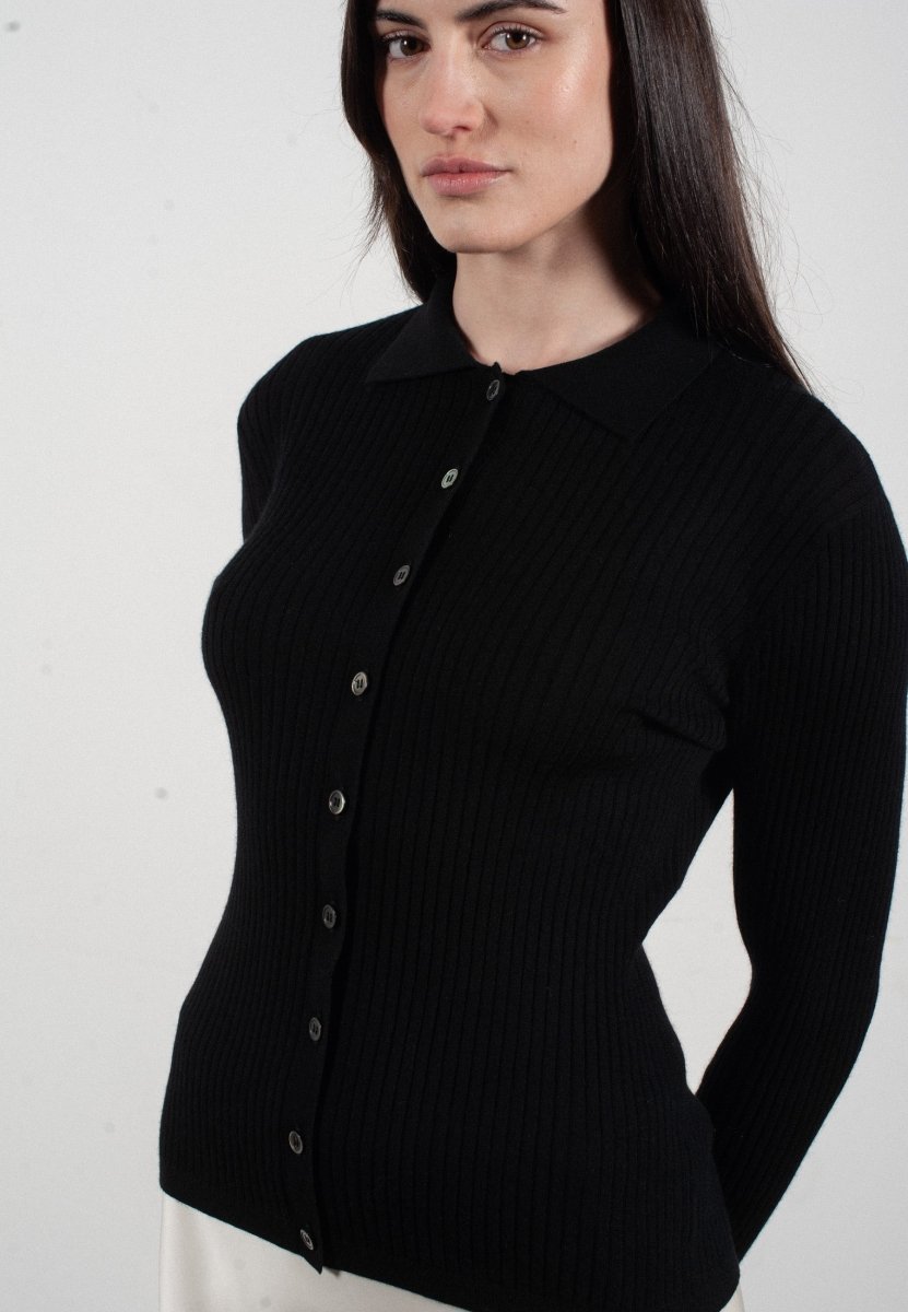 Chemise col polo manches longues en cachemire et laine ultrafin noir - FRIDA 4