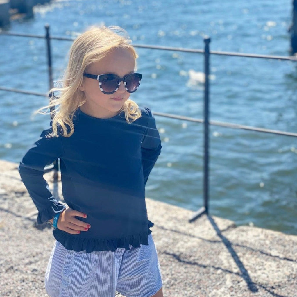 Kinder UV-Langarmshirt mit Knöpfen am Kragen – Blau (UPF 50)