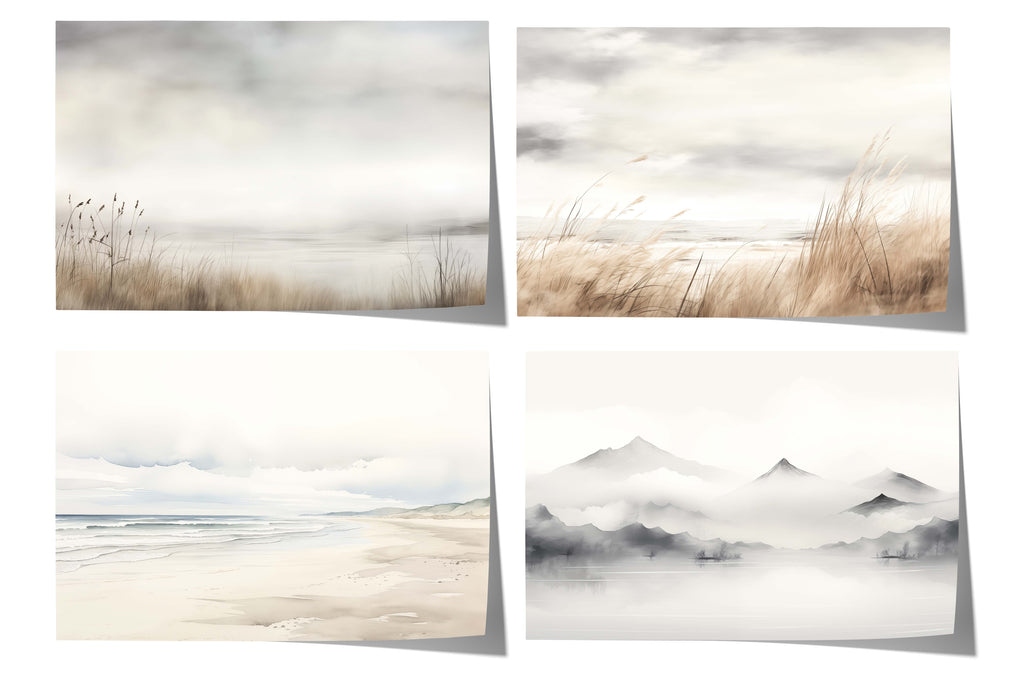 Küstenlandschaft Poster · Geschenkidee · Aquarell Strand Nebelberge Wandkunst · Print ohne Rahmen