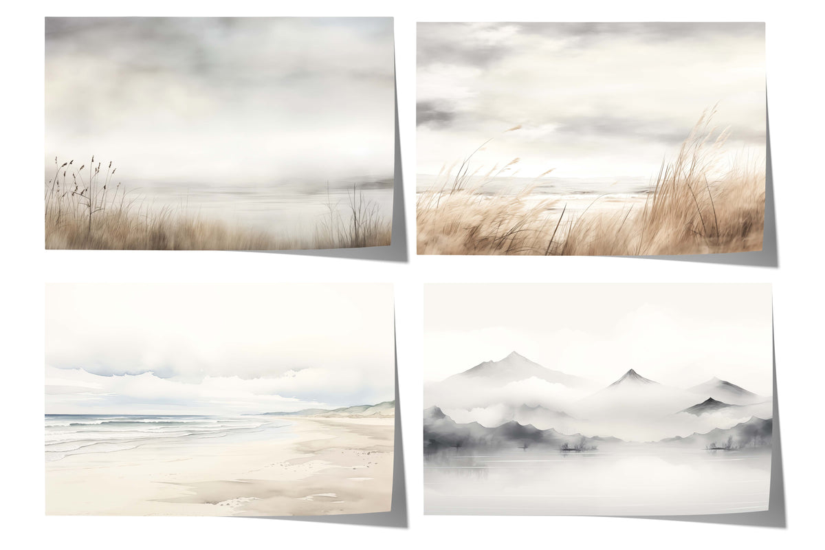 Küstenlandschaft Poster · Geschenkidee · Aquarell Strand Nebelberge Wandkunst · Print ohne Rahmen