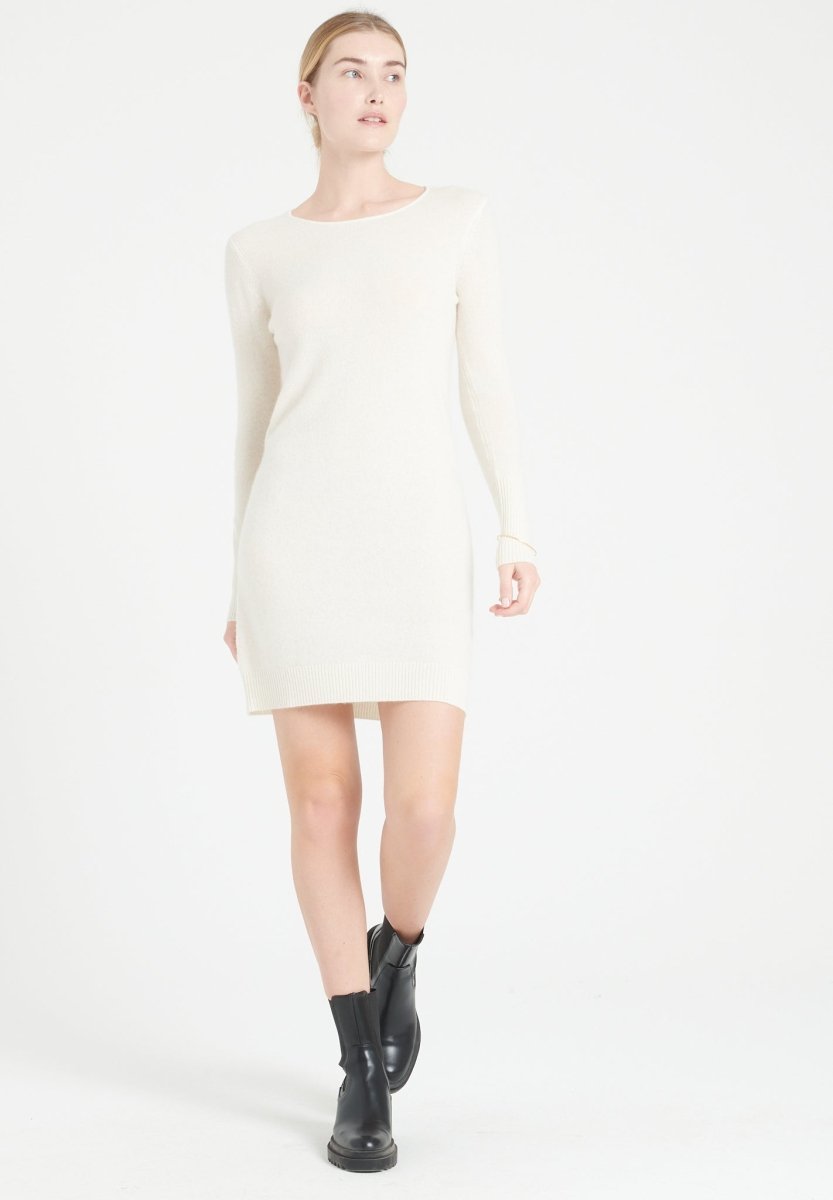 Damen Kaschmirkleid mit Rundhals – Ecru (LILLY 12)