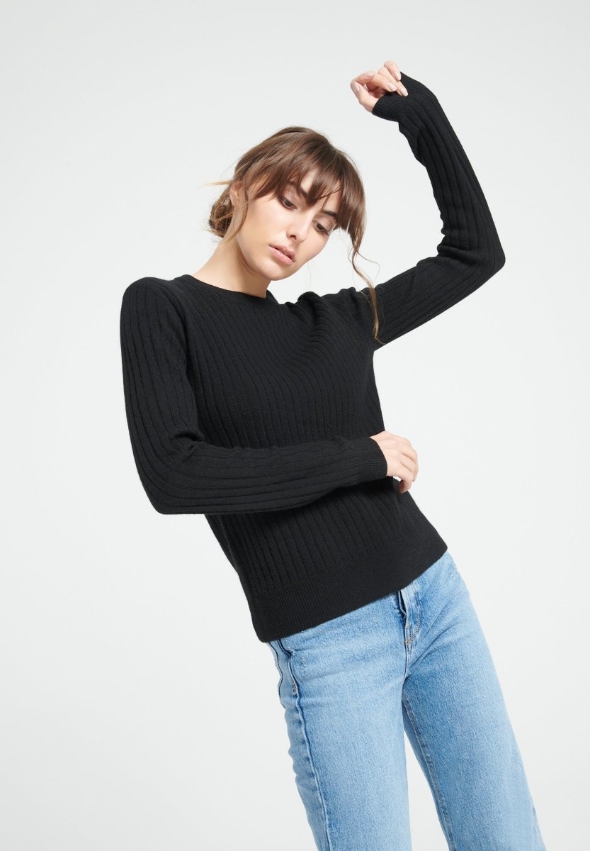 Damen Kaschmirpullover mit Rundhals und Rippenstrick – Schwarz (LILLY 16)