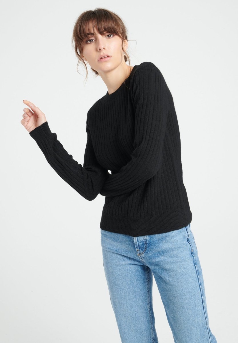 Damen Kaschmirpullover mit Rundhals und Rippenstrick – Schwarz (LILLY 16)