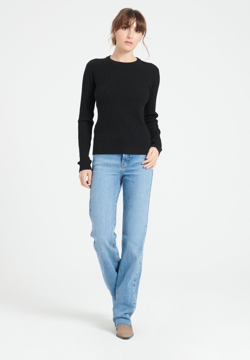 Damen Kaschmirpullover mit Rundhals und Rippenstrick – Schwarz (LILLY 16)