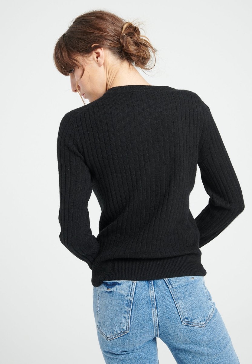 Damen Kaschmirpullover mit Rundhals und Rippenstrick – Schwarz (LILLY 16)