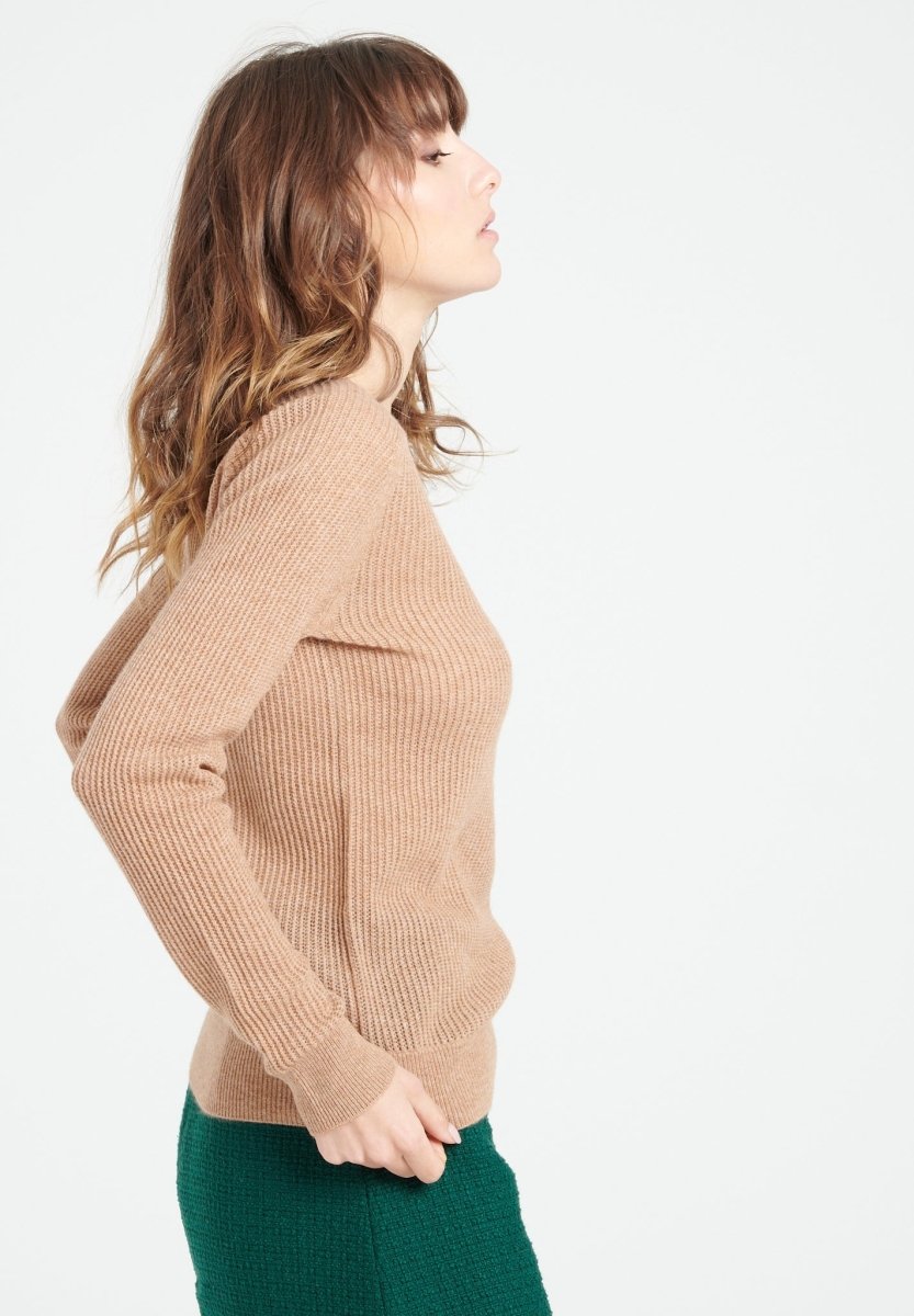 Damen Kaschmirpullover mit Rundhals und Ajour-Muster – Camel (LILLY 23)