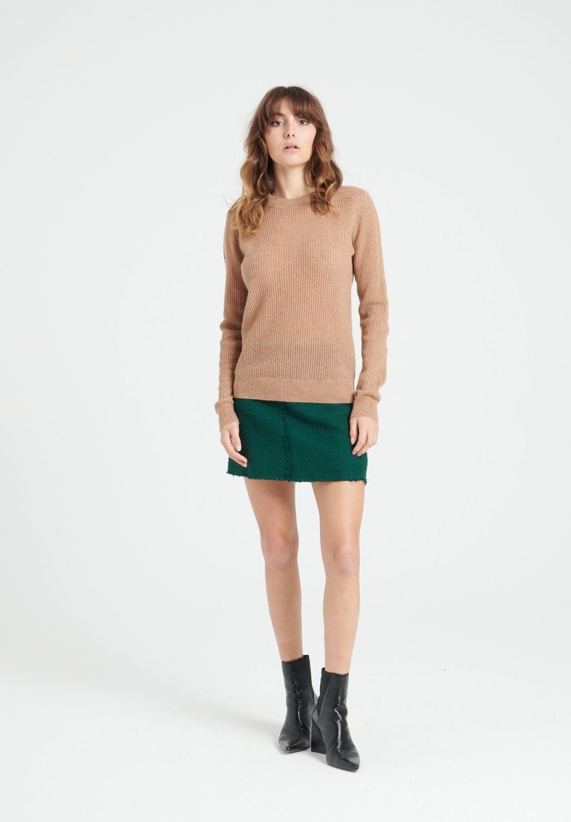 Damen Kaschmirpullover mit Rundhals und Ajour-Muster – Camel (LILLY 23)
