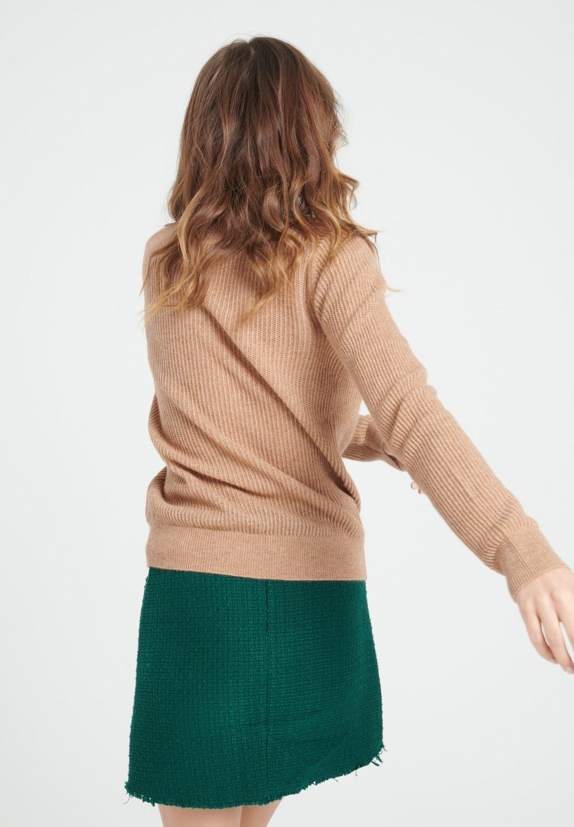 Damen Kaschmirpullover mit Rundhals und Ajour-Muster – Camel (LILLY 23)
