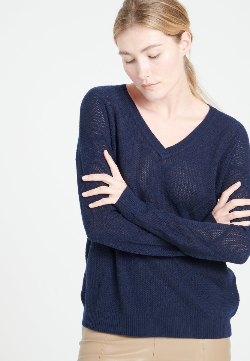 Damen Kaschmirpullover mit V-Ausschnitt und Ajour-Rautenmuster – Marineblau (LILLY 31)