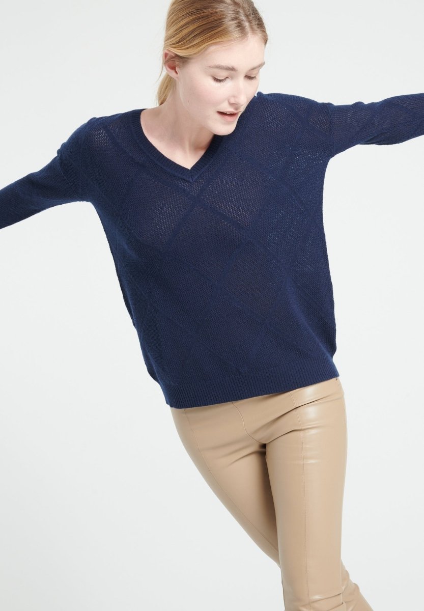 Damen Kaschmirpullover mit V-Ausschnitt und Ajour-Rautenmuster – Marineblau (LILLY 31)