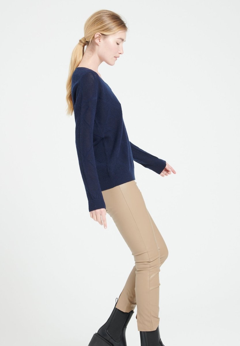 Damen Kaschmirpullover mit V-Ausschnitt und Ajour-Rautenmuster – Marineblau (LILLY 31)