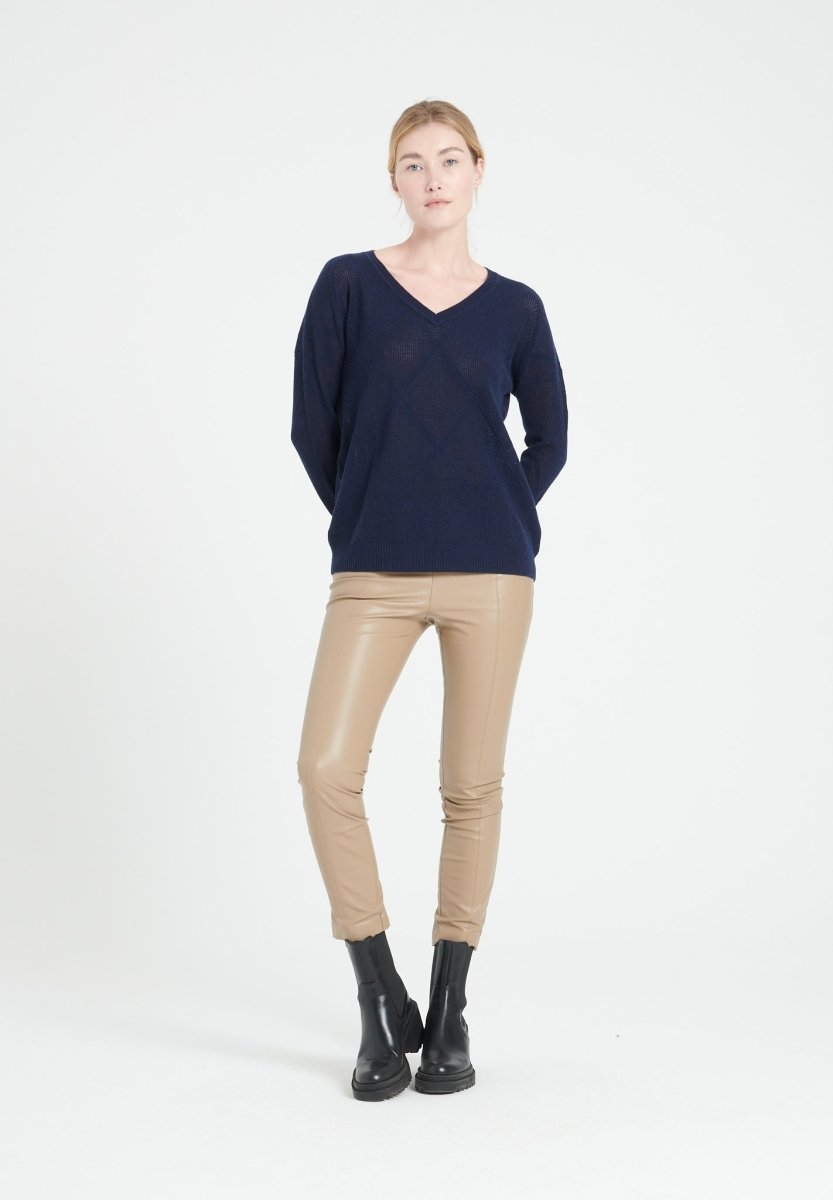 Damen Kaschmirpullover mit V-Ausschnitt und Ajour-Rautenmuster – Marineblau (LILLY 31)