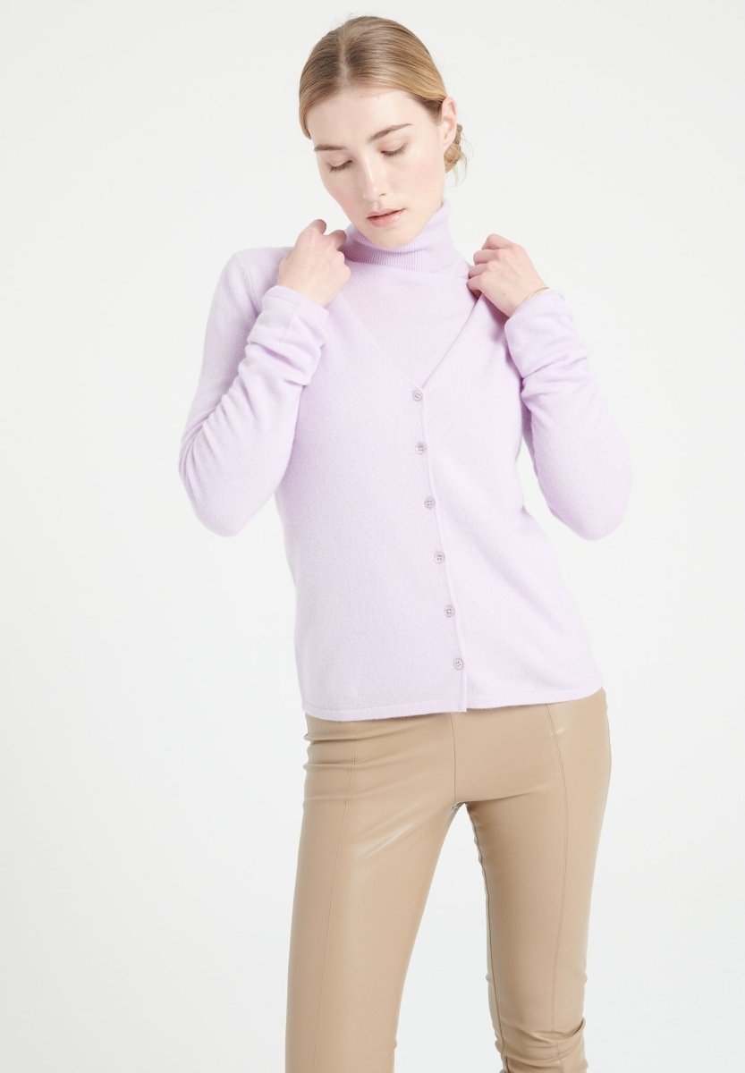 Damen Kaschmir-Cardigan mit V-Ausschnitt und Perlmuttknöpfen – Lila (LILLY 7A)