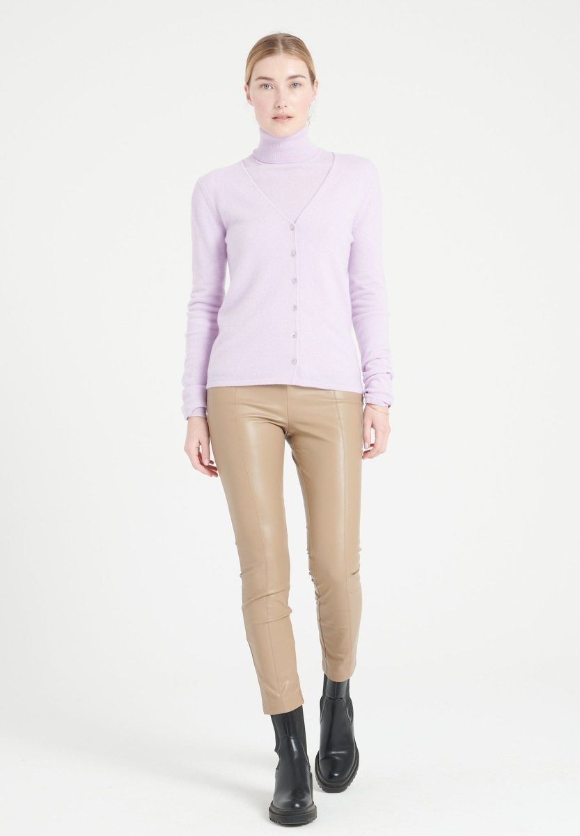 Damen Kaschmir-Cardigan mit V-Ausschnitt und Perlmuttknöpfen – Lila (LILLY 7A)