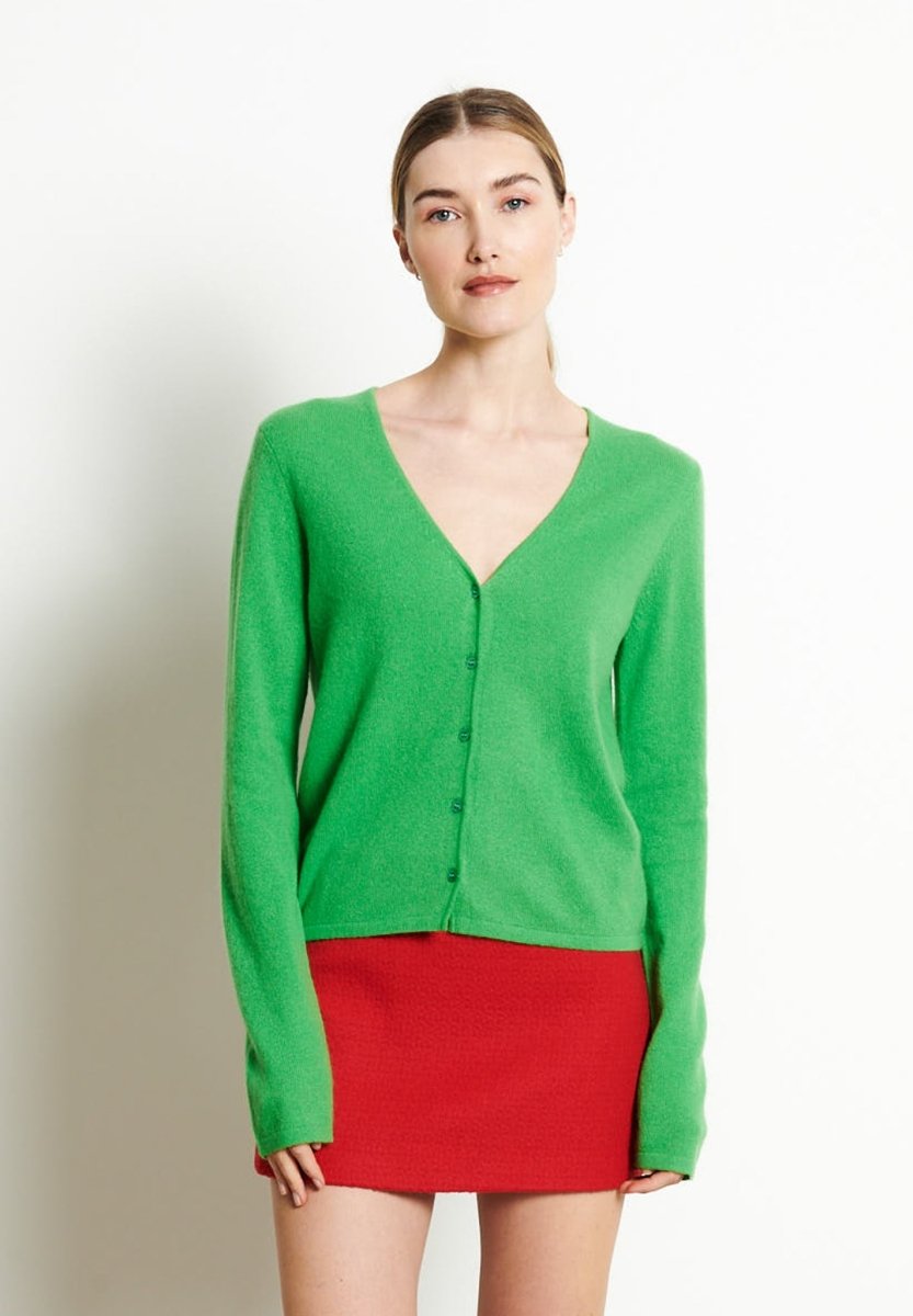 Damen Kaschmir-Cardigan mit V-Ausschnitt und Perlmuttknöpfen – Apfelgrün (LILLY 7B)