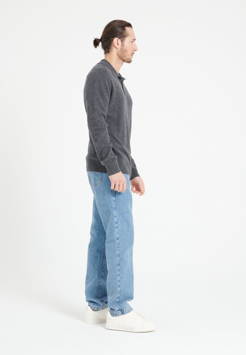 Herren Kaschmir-Poloshirt mit Langarm – Anthrazit (LUKE 5)