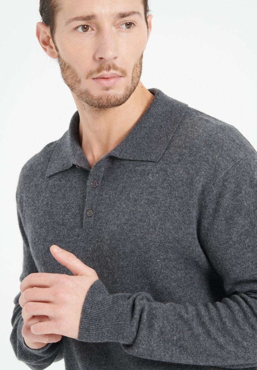 Herren Kaschmir-Poloshirt mit Langarm – Anthrazit (LUKE 5)