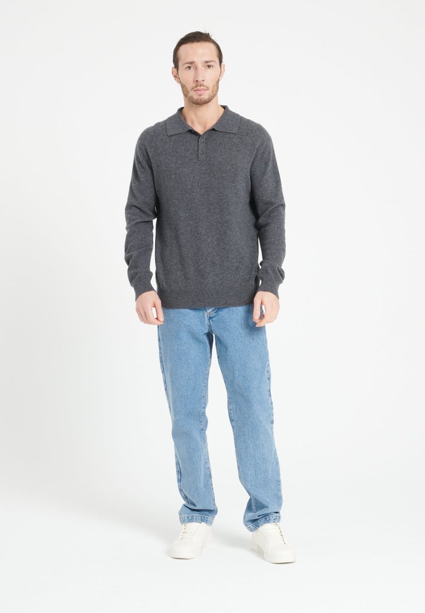 Herren Kaschmir-Poloshirt mit Langarm – Anthrazit (LUKE 5)