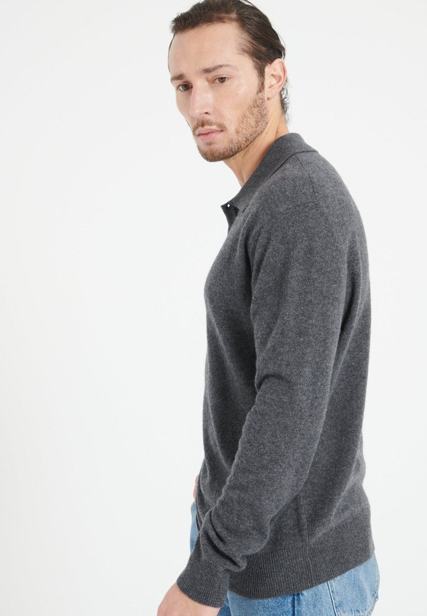 Herren Kaschmir-Poloshirt mit Langarm – Anthrazit (LUKE 5)