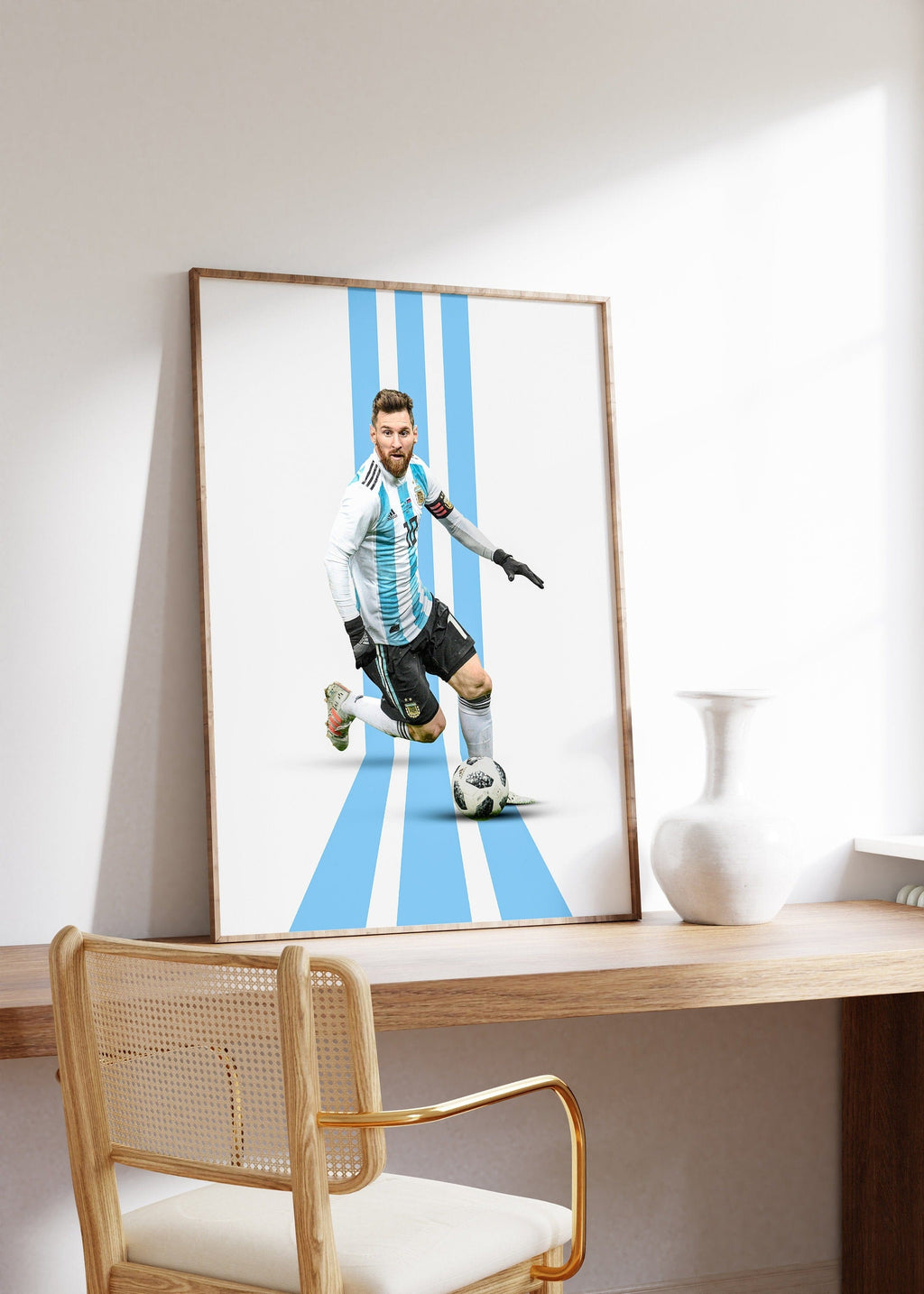 Messi Poster Fußball Minimalistisch · Mid Century Modern · Wanddeko · WM Kunst · Argentinien Trikot · Kunstdruck ohne Rahmen