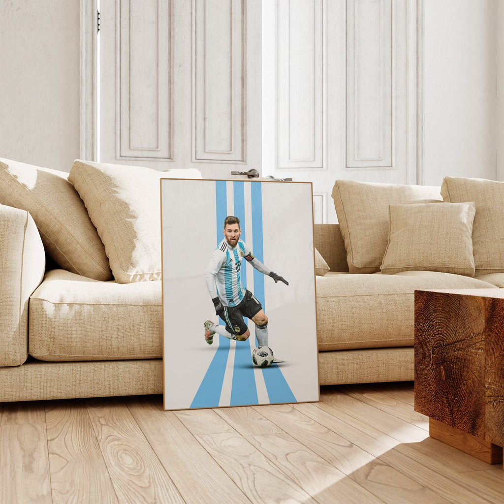 Messi Poster Fußball Minimalistisch · Mid Century Modern · Wanddeko · WM Kunst · Argentinien Trikot · Kunstdruck ohne Rahmen