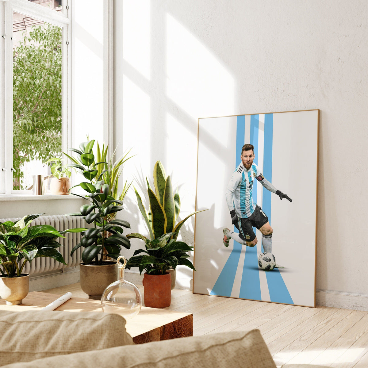 Messi Poster Fußball Minimalistisch · Mid Century Modern · Wanddeko · WM Kunst · Argentinien Trikot · Kunstdruck ohne Rahmen