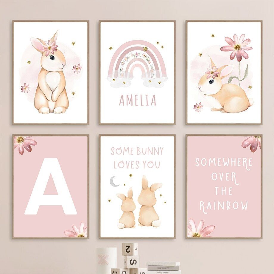 Poster Kinderzimmer Regenbogen Hase Name Personalisiert Rosa · Kinderzimmer Bilder · Wand Deko · Kunst Druck · Deko Print · ohne Rahmen