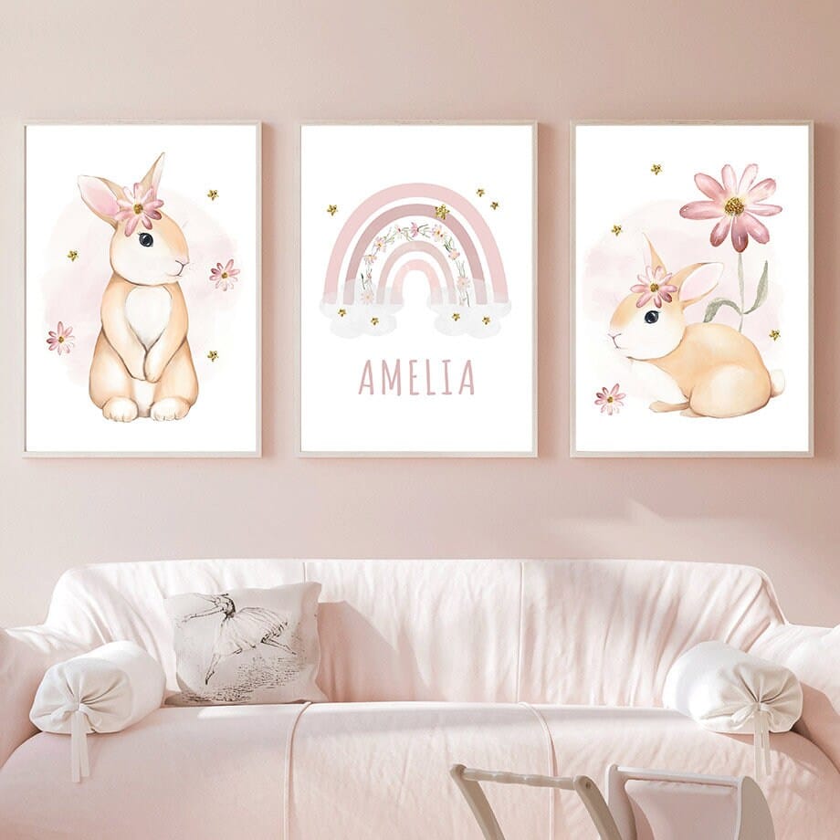 Poster Kinderzimmer Regenbogen Hase Name Personalisiert Rosa · Kinderzimmer Bilder · Wand Deko · Kunst Druck · Deko Print · ohne Rahmen