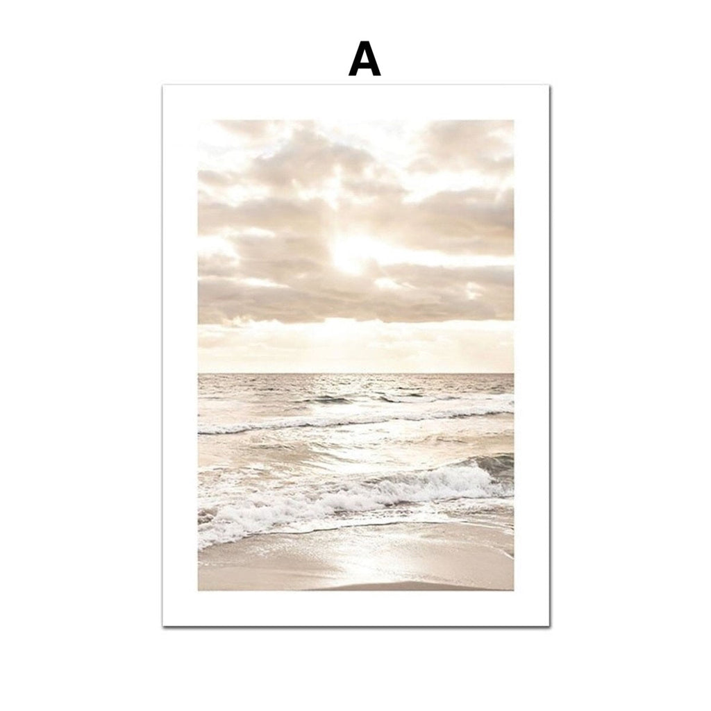 Poster Sonnenaufgang am Strand Muscheln und Pampas Gras als Deko Print ohne Rahmen