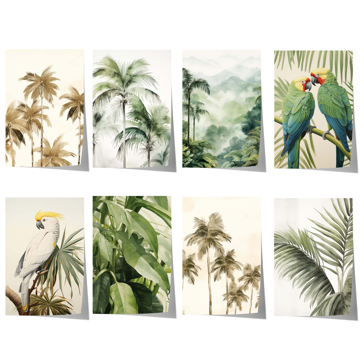 Tropische Palmen Poster · Geschenkidee · Papageien und Botanische Dschungelkunst · Wohnzimmer Dekoprint ohne Rahmen
